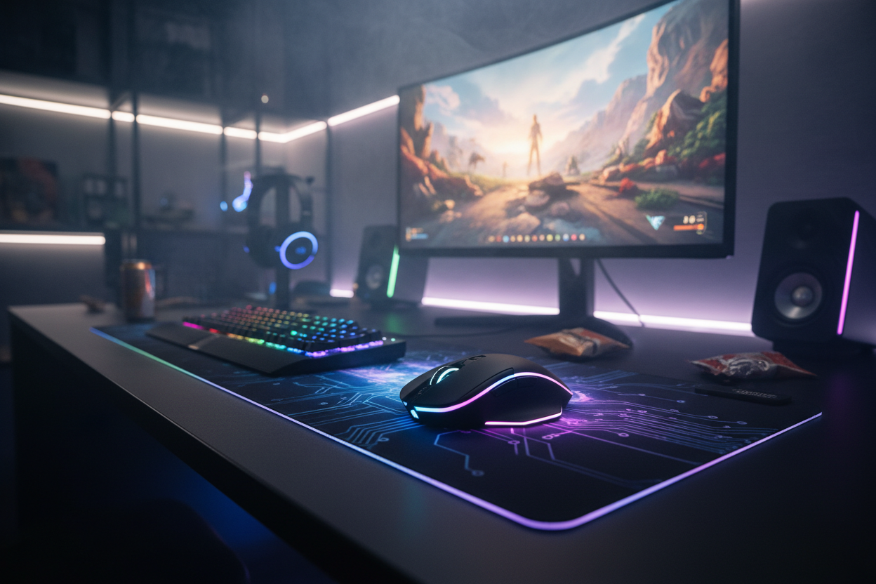 Kabellose Gaming-Maus auf Mauspad im Gaming Setup