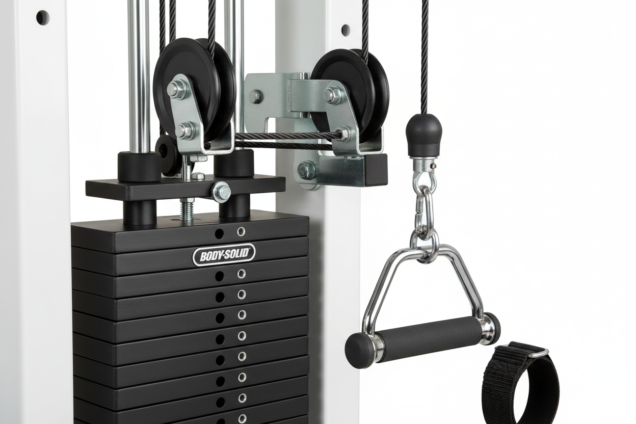 Detail Gewichtsturm und Seilzugsystem der Body Solid Kraftstation