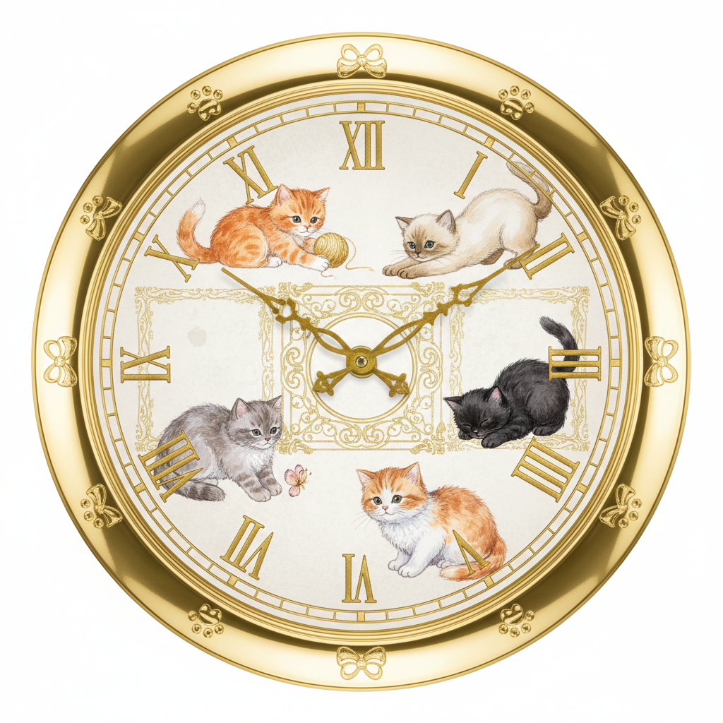 Goldene Katzenwanduhr mit süßen Kätzchen