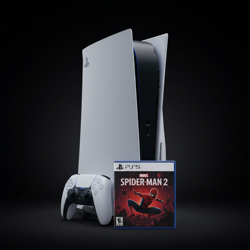 PS5 Ultimate Bundle – Seitenansicht mit DualSense Controller und Spider-Man 2