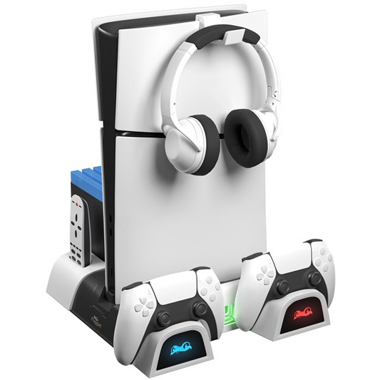 FroggieX PS5 / PS5 Slim Multifunktions-Ständer mit Lüfter & Headset-Halter – Weiß