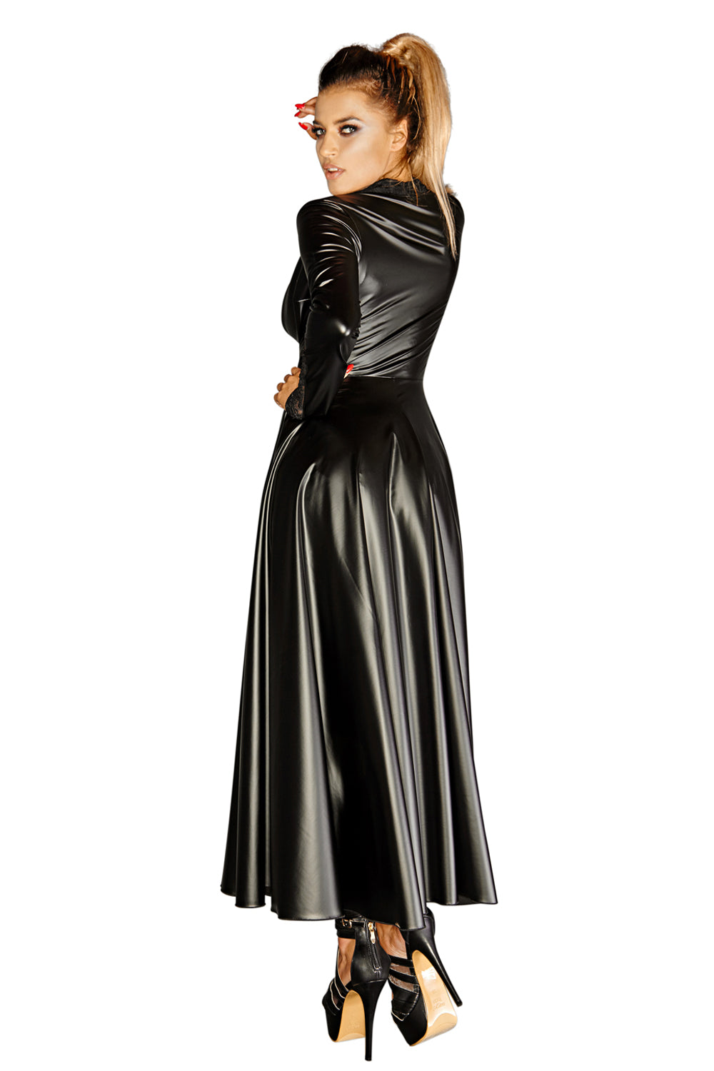 Wetlook Langer Mantel F128C – Schwarz | Spitze & Metallverschluss | S–5XL