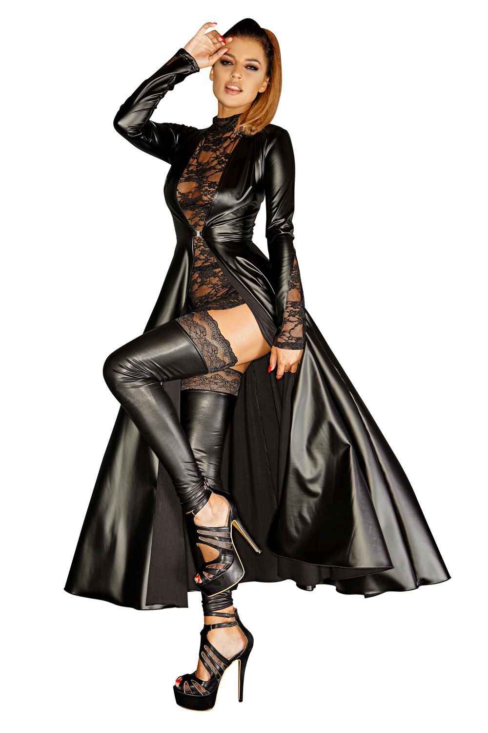 Wetlook Langer Mantel F128C – Schwarz | Spitze & Metallverschluss | S–5XL