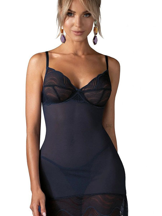 Obsessive Nightly Blue Set – Negligé & String in Blau (transparentes Mesh & Spitze)