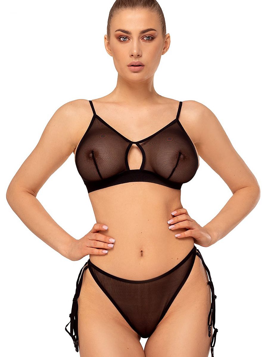 Anais Exceed Set – Transparentes Dessous-Set mit Strumpfhalter in Schwarz (BH + String + Straps)