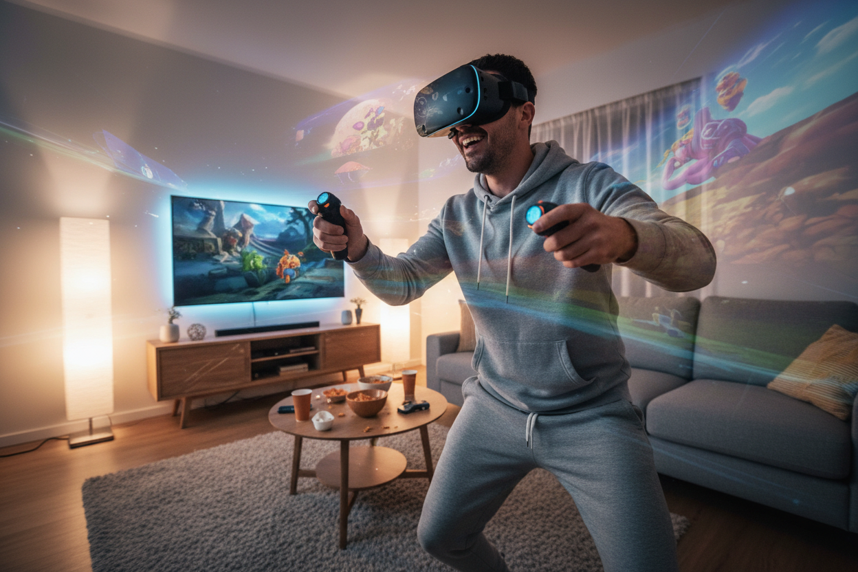 Person trägt VR Brille beim Gaming im Wohnzimmer