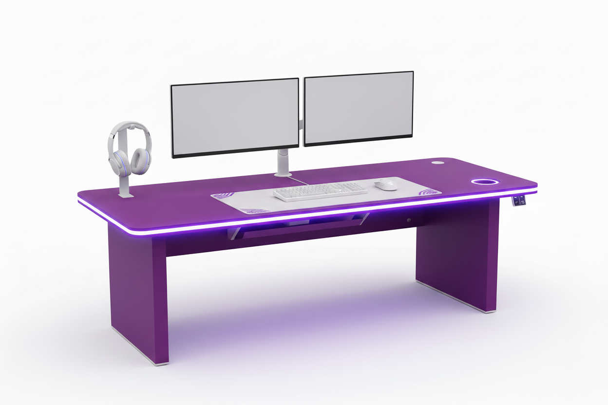 Gaming Schreibtisch Lila mit LED – Frontansicht