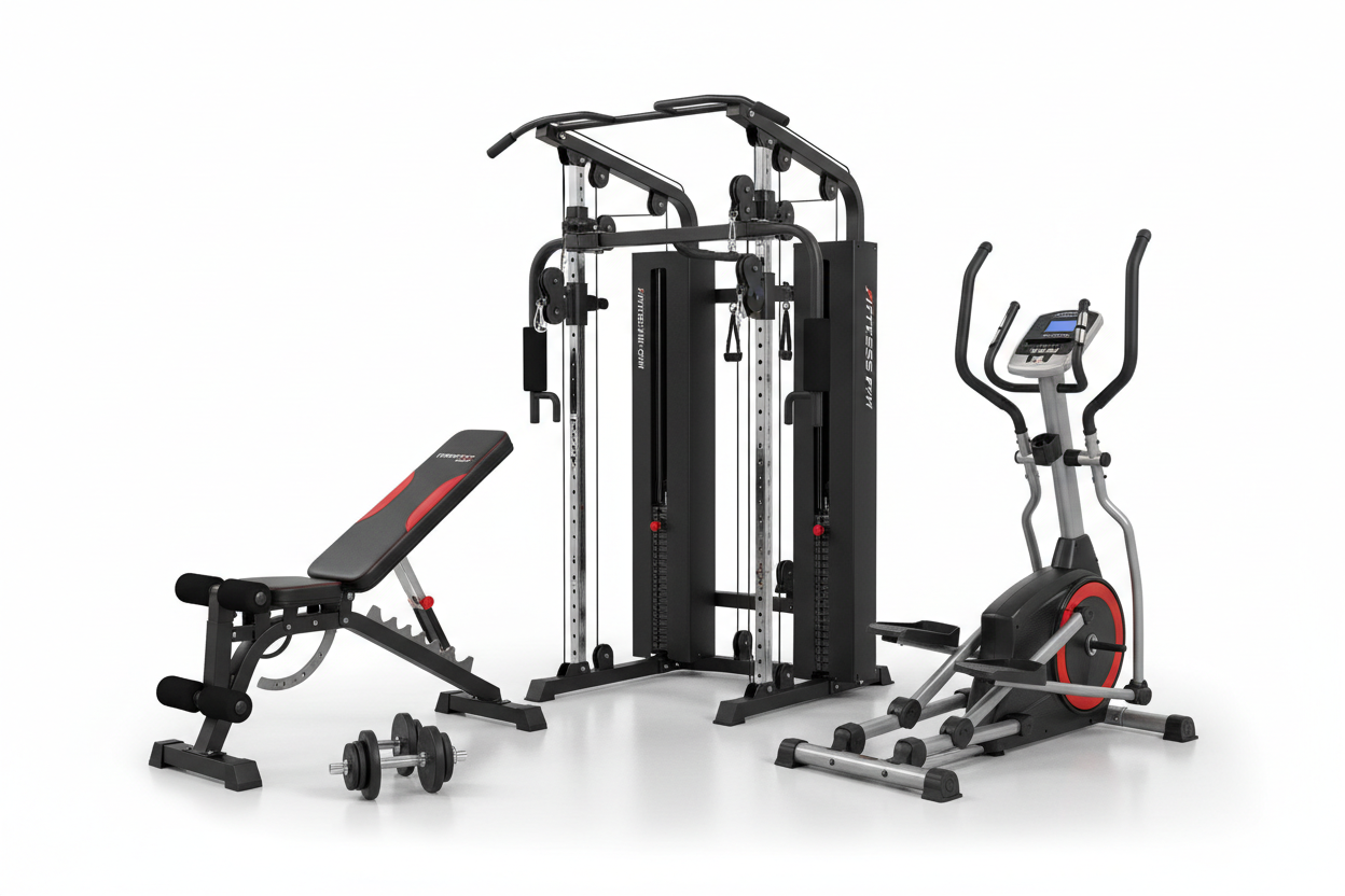Komplett-Heimgym-Bundle mit Kraftstation, Hantelbank und Crosstrainer