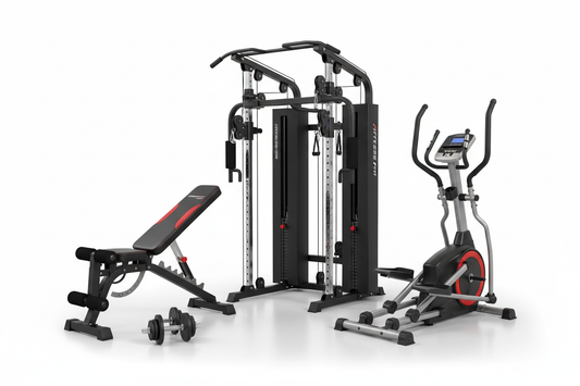 Komplett-Heimgym-Bundle mit Kraftstation, Hantelbank und Crosstrainer