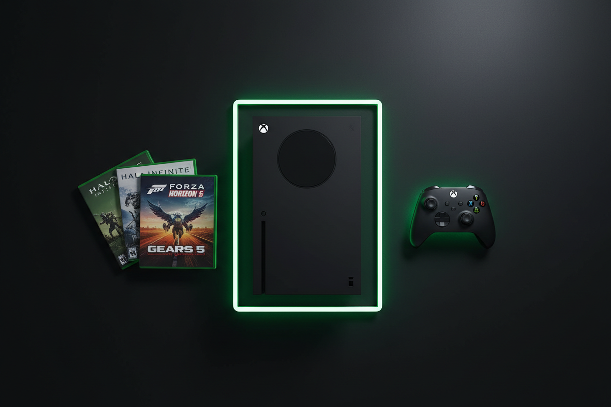 Xbox Series X Bundle Flat-Lay mit Controller und Spielen