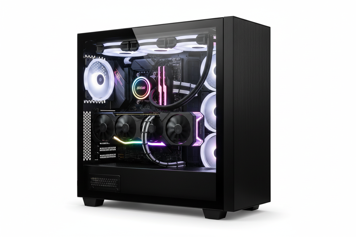 Gaming PC Tower mit RGB Beleuchtung und Glasscheibe