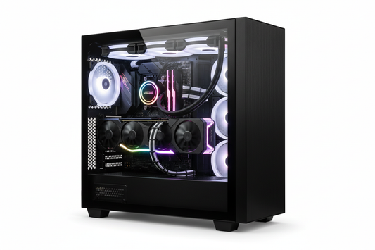 Gaming PC Tower mit RGB Beleuchtung und Glasscheibe