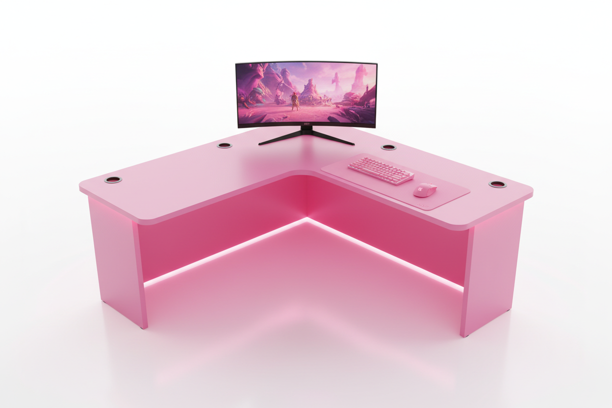 Gaming Eckschreibtisch Pink Klein mit LED Frontansicht