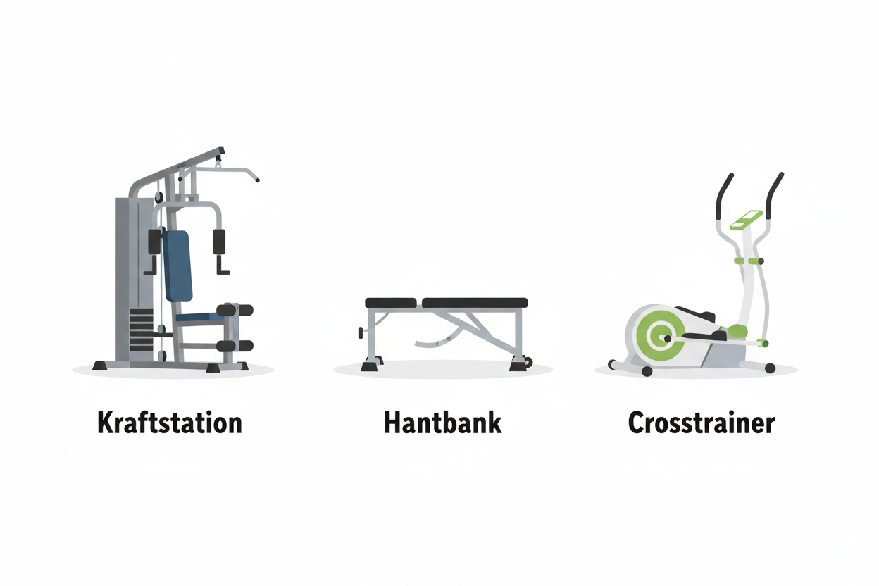 Bundle Übersicht Kraftstation, Hantelbank und Crosstrainer
