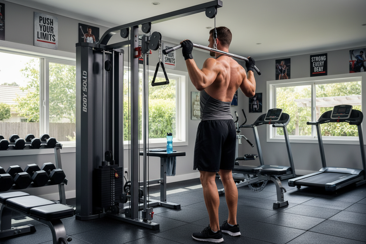 Athlet beim Latzug an der Body Solid Kraftstation