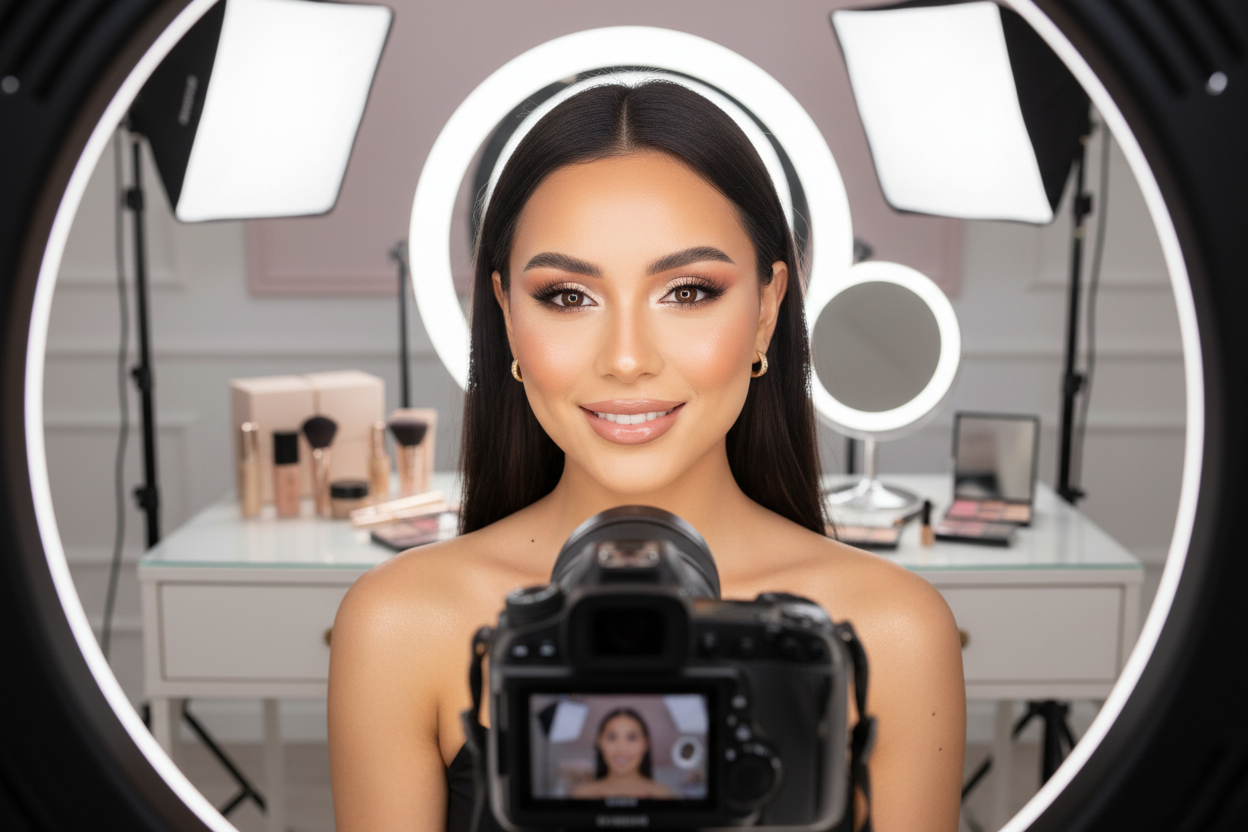 Beauty Influencer mit Ringleuchte Reflexion in den Augen