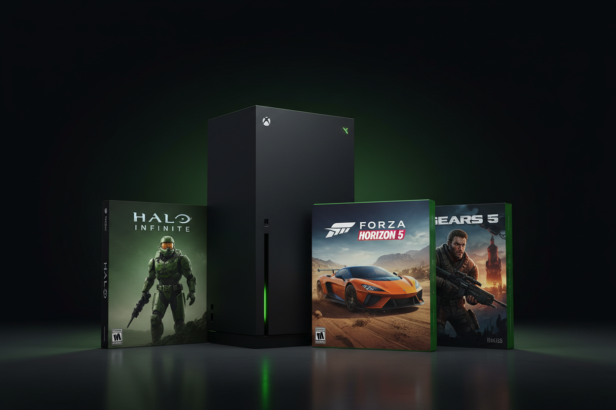 Xbox Series X Bundle mit Spielen, grünes Neon-Licht