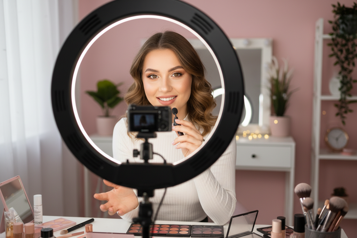 Frau beim Beauty Tutorial mit Ringleuchte Ringreflex in Augen