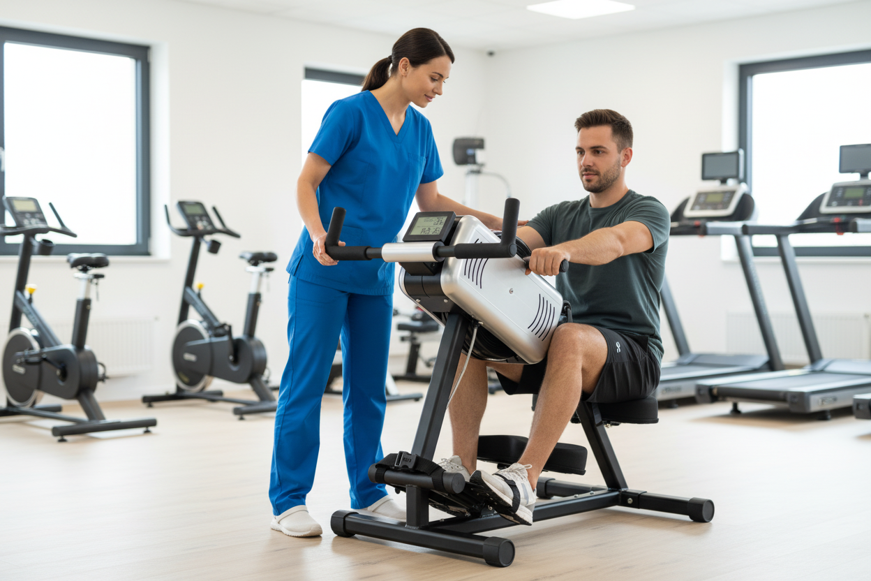 Rudergerät in der Reha-Klinik mit Therapeut