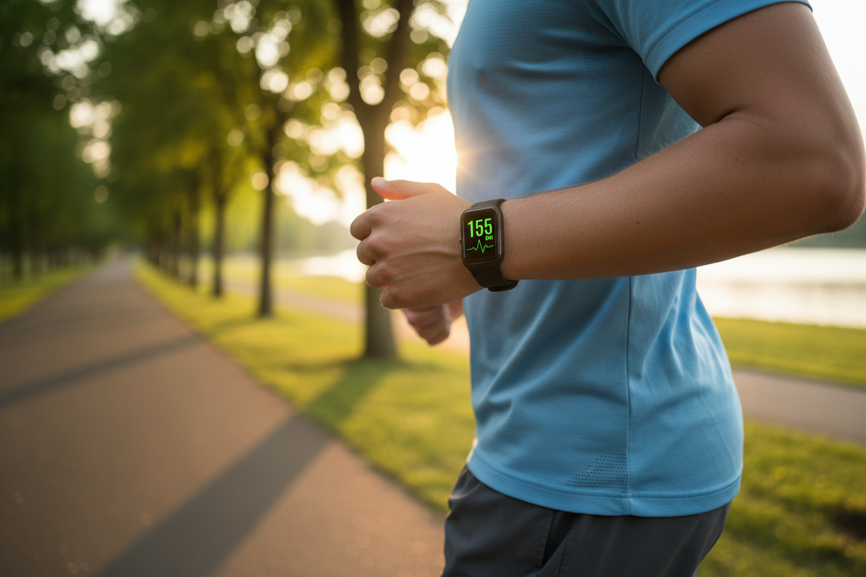 Person trägt Fitness Smartwatch beim Joggen