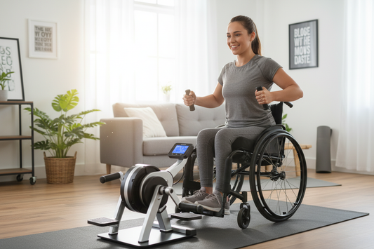 Rollstuhlfahrer beim Training mit Handkurbelergometer