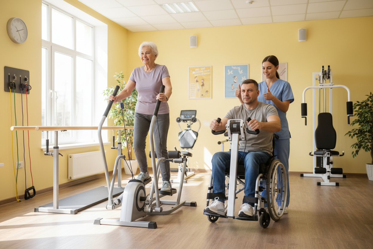 Senior und Rollstuhlfahrer beim Reha-Training