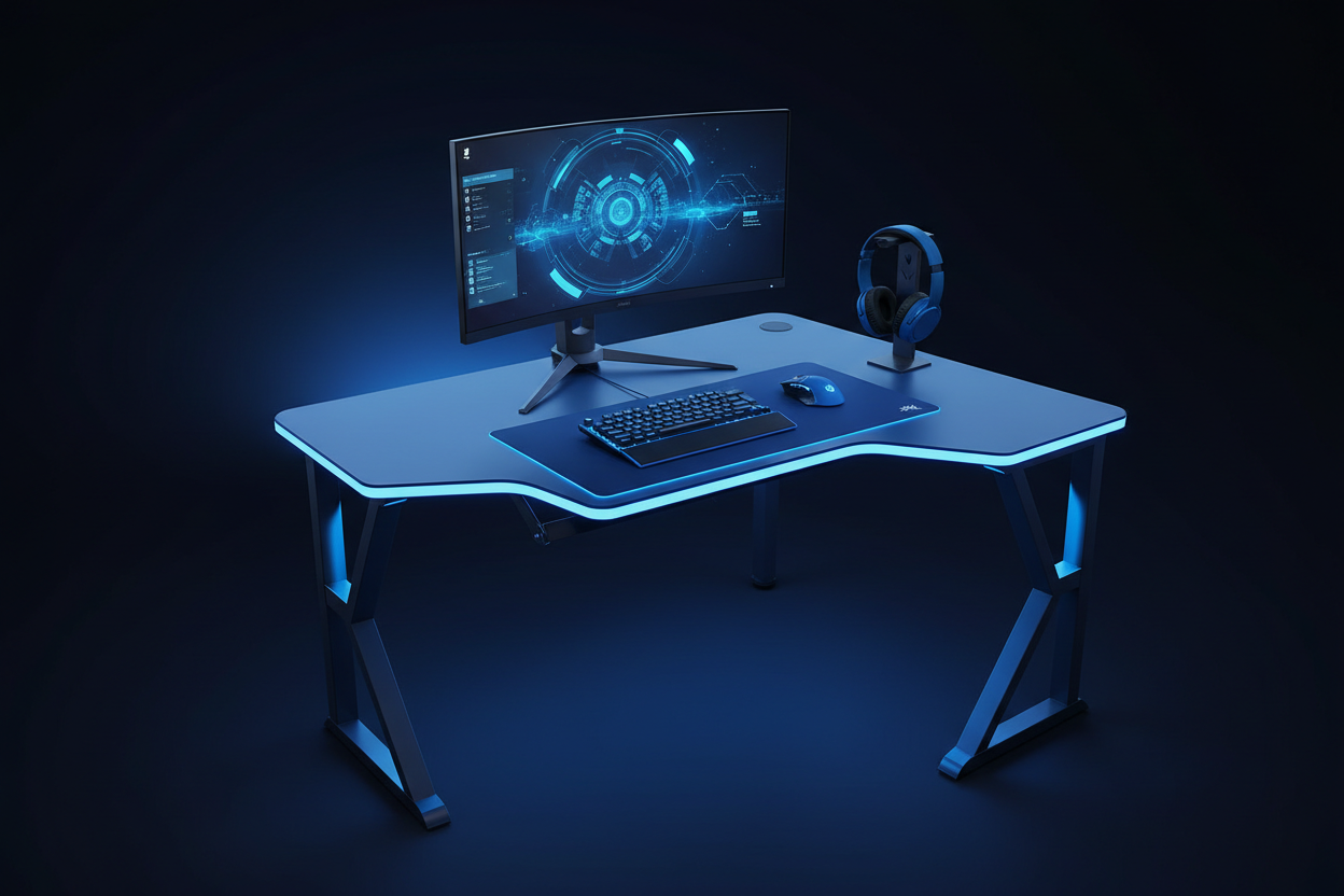 Gaming Tisch Blau mit LED Klein Eckig Seitenansicht