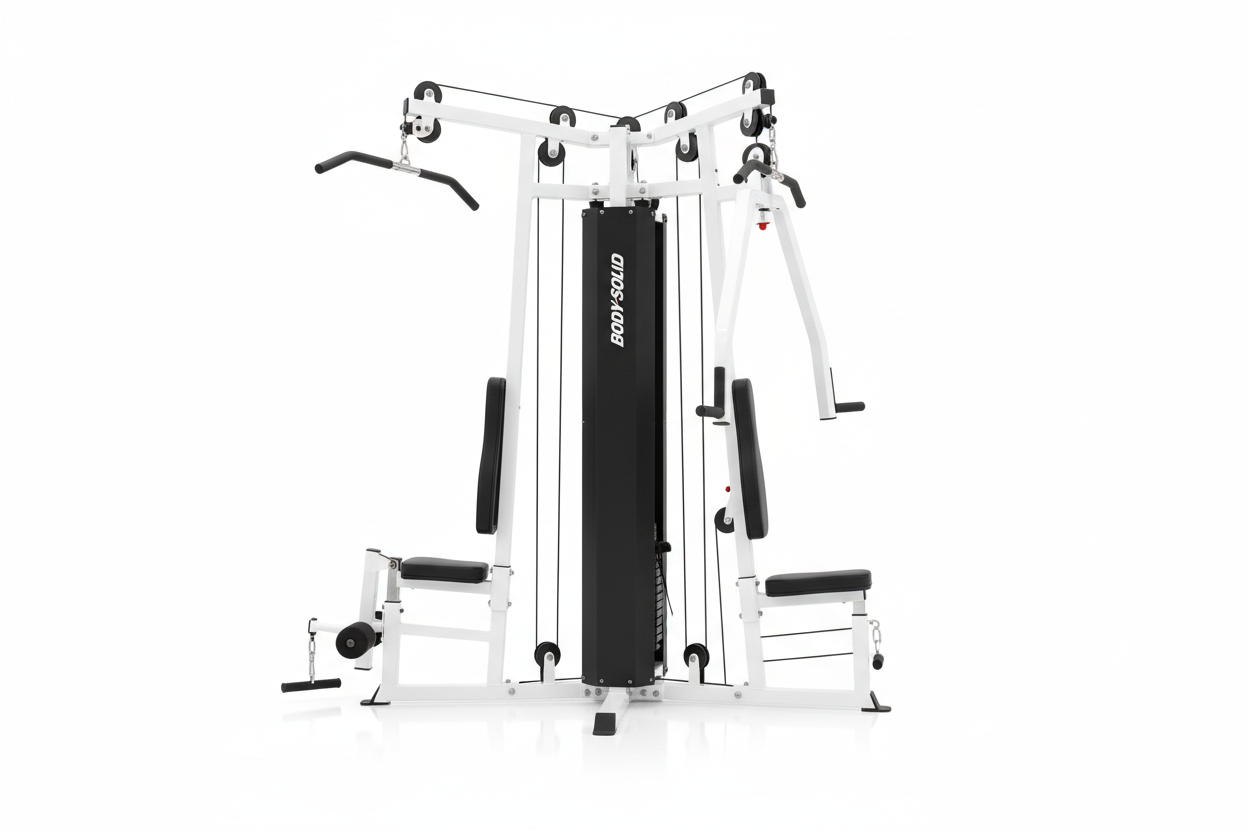 Body Solid Kraftstation Seitenansicht mit Latzug und Kabelzug