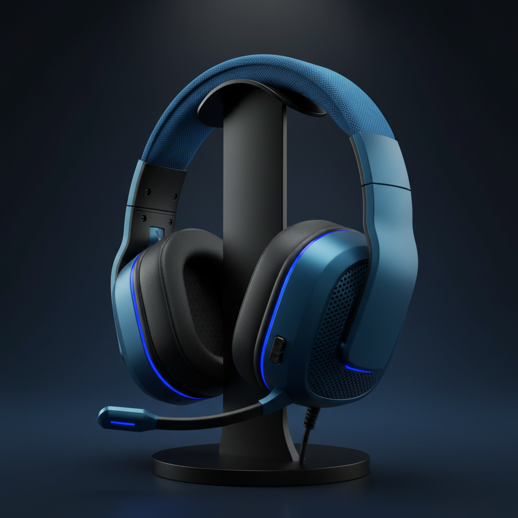 Blauer Gaming-Kopfhörer – dunkler Hintergrund