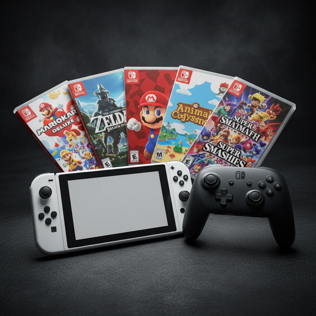 Nintendo Switch OLED Bundle – Nahaufnahme mit Pro Controller und 5 Spielen