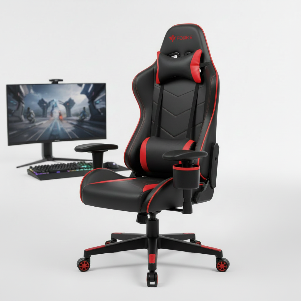 Ergonomischer Gaming Stuhl in Rot und Schwarz mit Getränkehalter