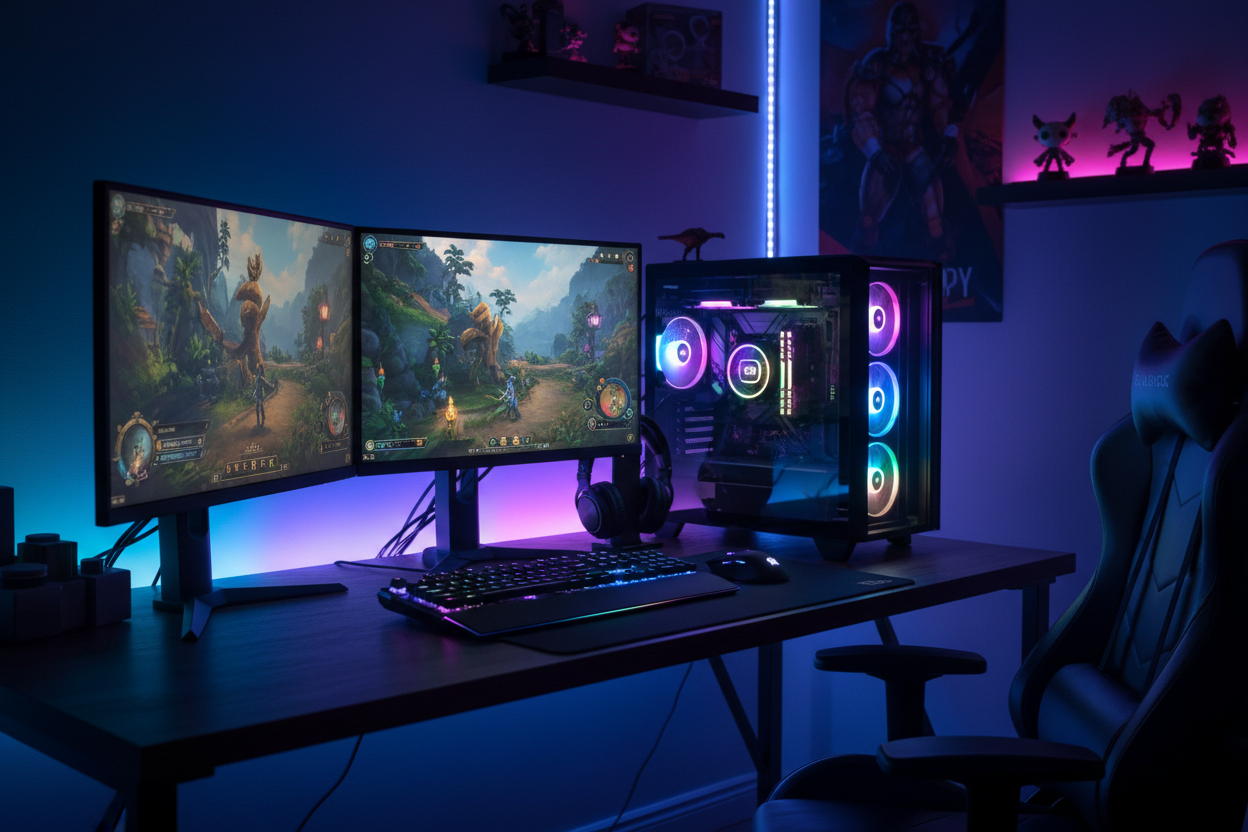 Gaming PC Tower im kompletten Gaming Setup mit Monitoren
