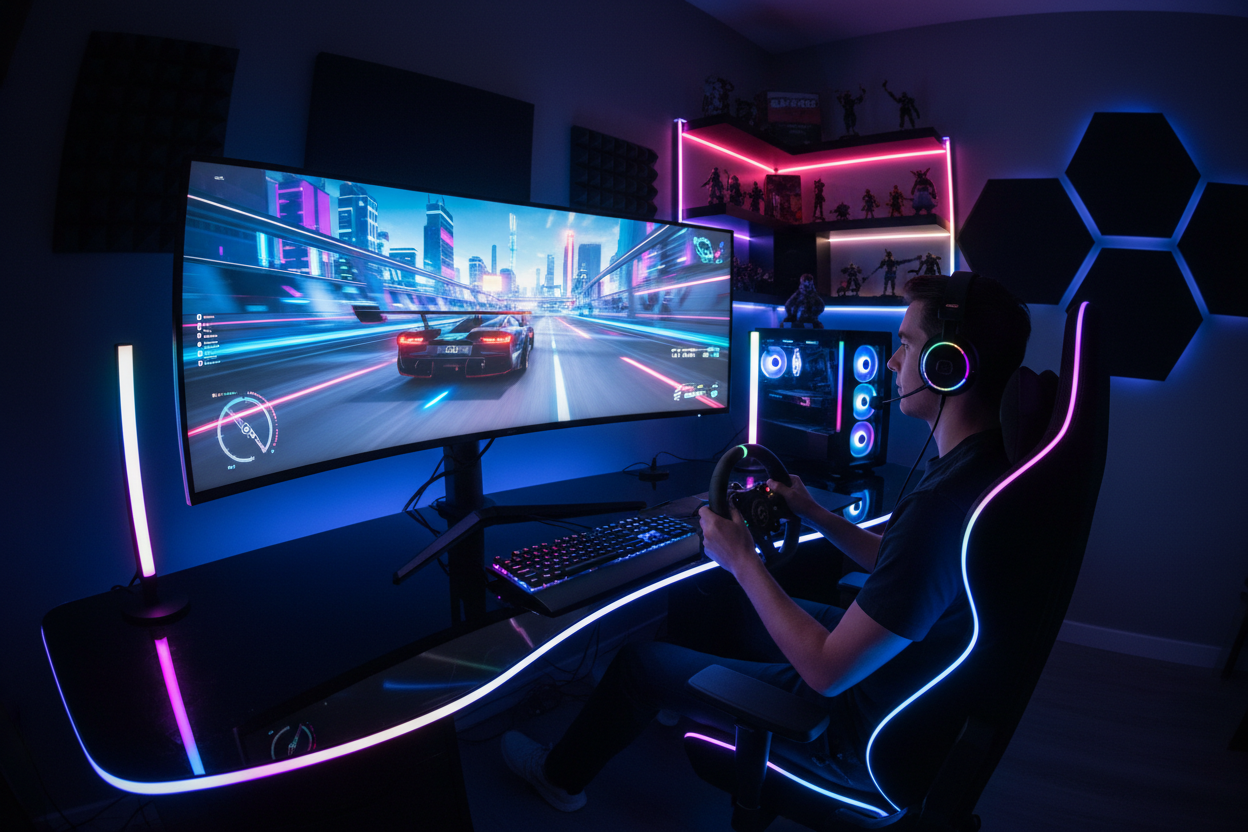 Gamer mit 49 Zoll Ultrawide Monitor beim Racing Game