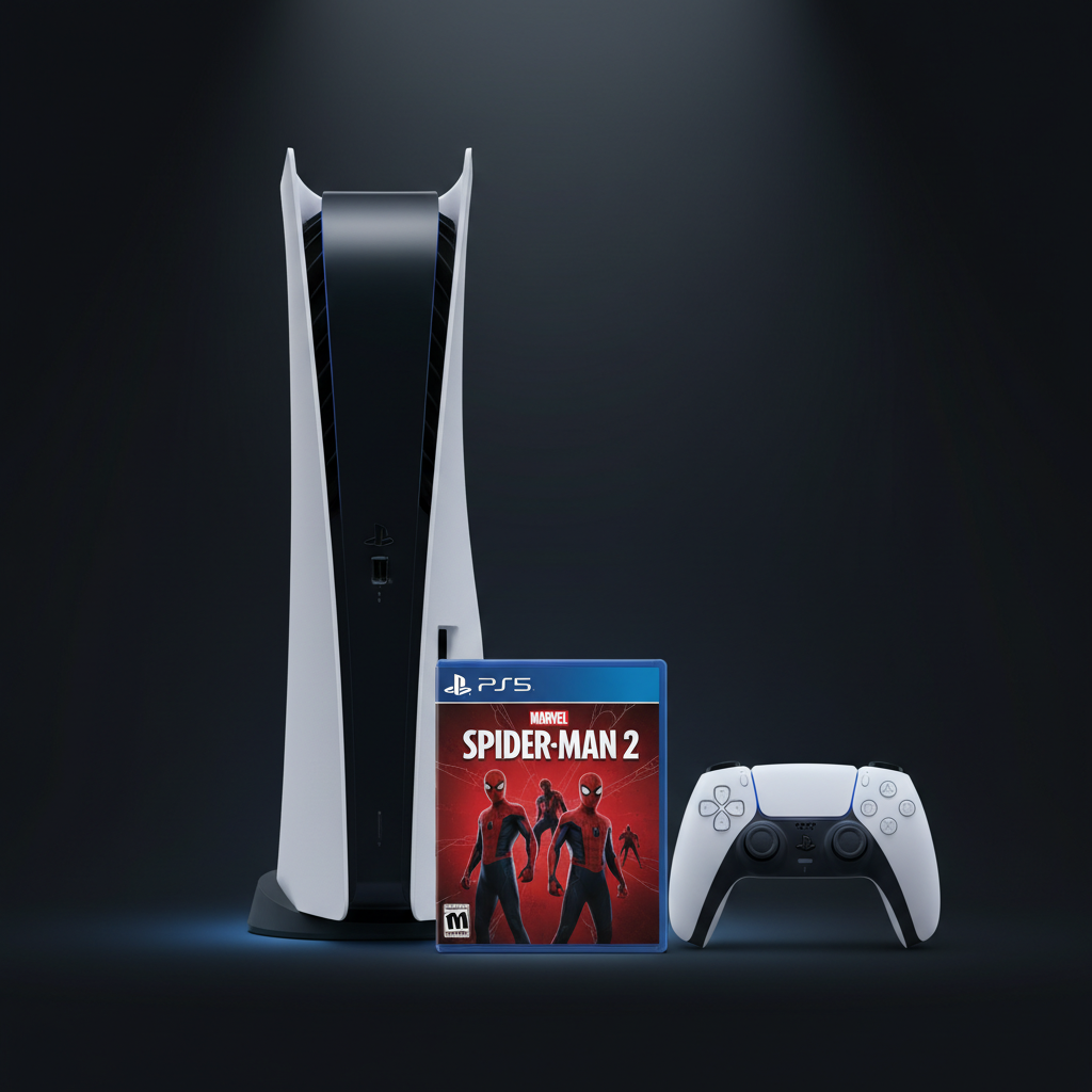 PS5 Ultimate Bundle – Frontansicht mit DualSense Controller und Spider-Man 2
