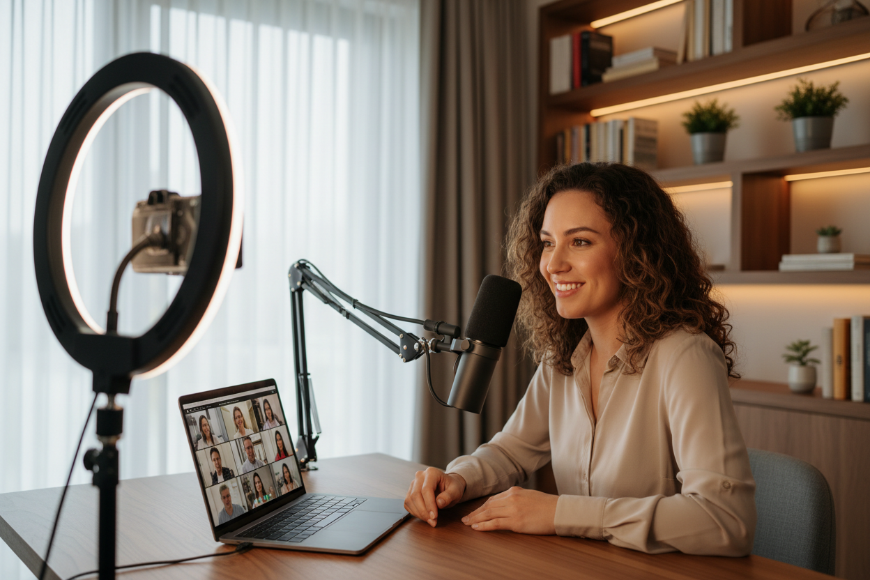 Podcaster nutzt Ringleuchte für professionellen Video-Call