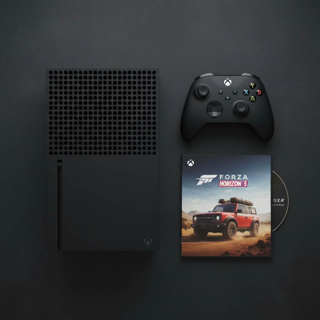 Xbox Series X Ultimate Bundle – Flat Lay Draufsicht mit Forza Horizon 5