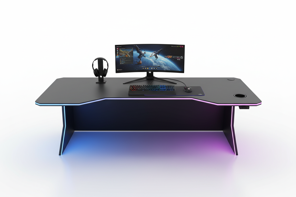 Gaming Schreibtisch mit Getränkehalter und LED-Beleuchtung