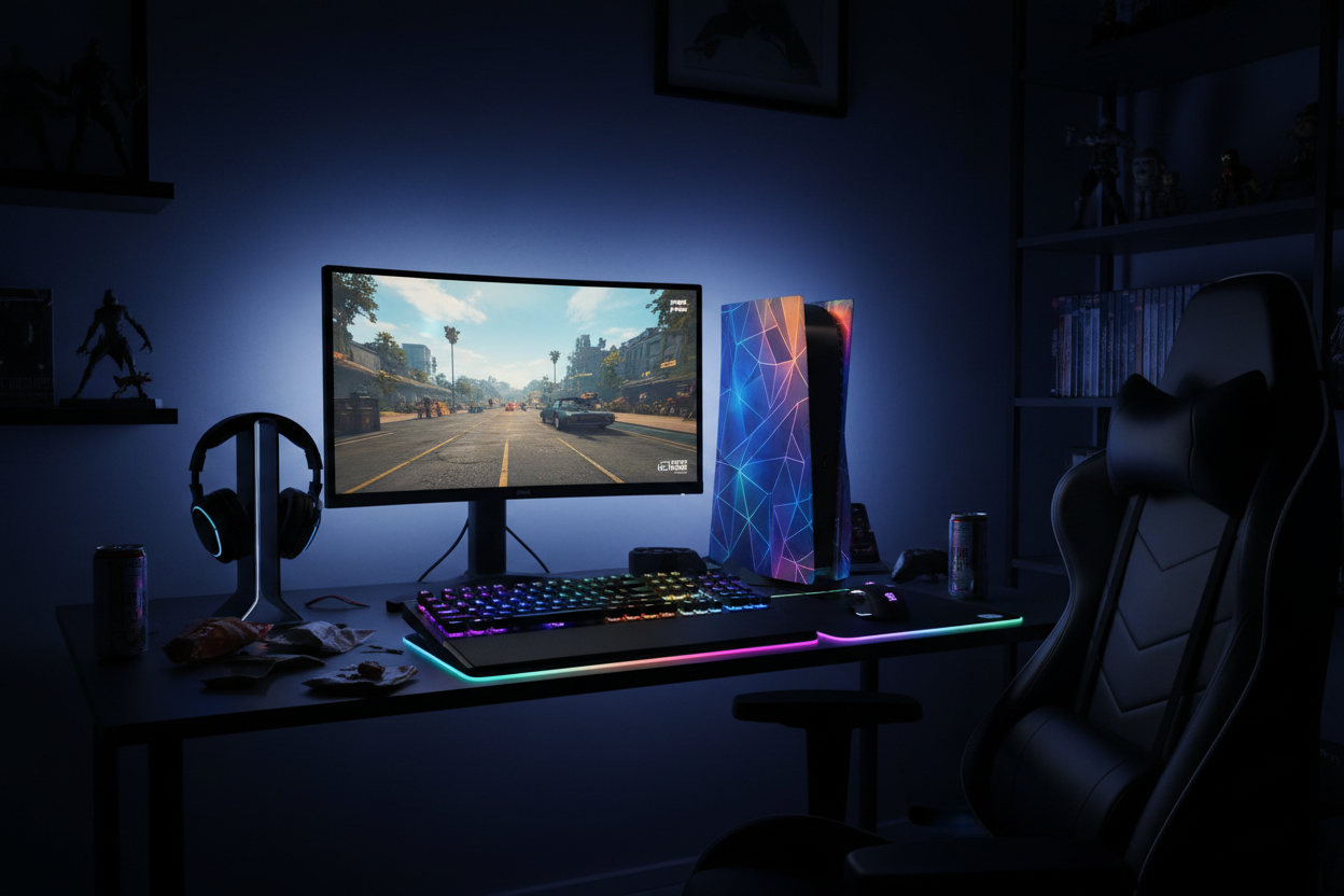 PS5 mit Custom Skin im Gaming Setup RGB Beleuchtung
