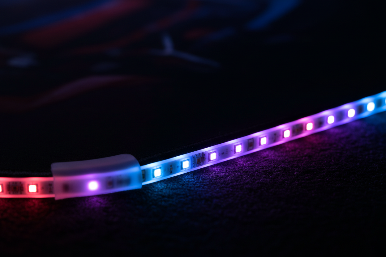 Nahaufnahme RGB-LED-Streifen am Gaming-Teppich