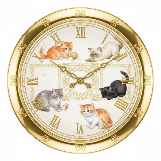 Goldene Katzenwanduhr mit süßen Kätzchen