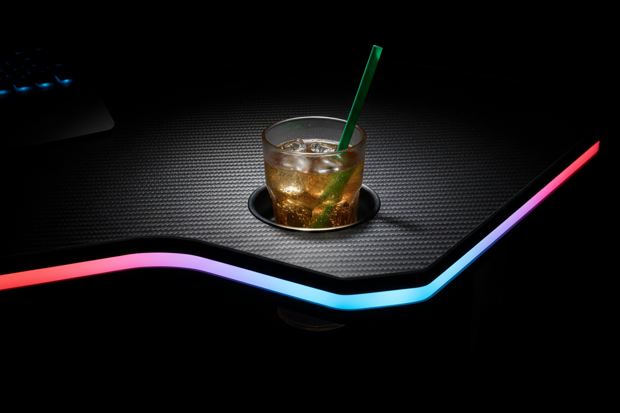 Gaming Schreibtisch Getränkehalter Detail mit LED