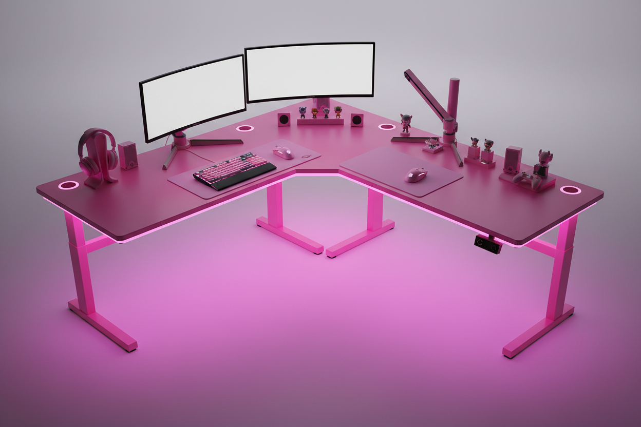 Gaming Eckschreibtisch Pink XL mit LED Frontansicht