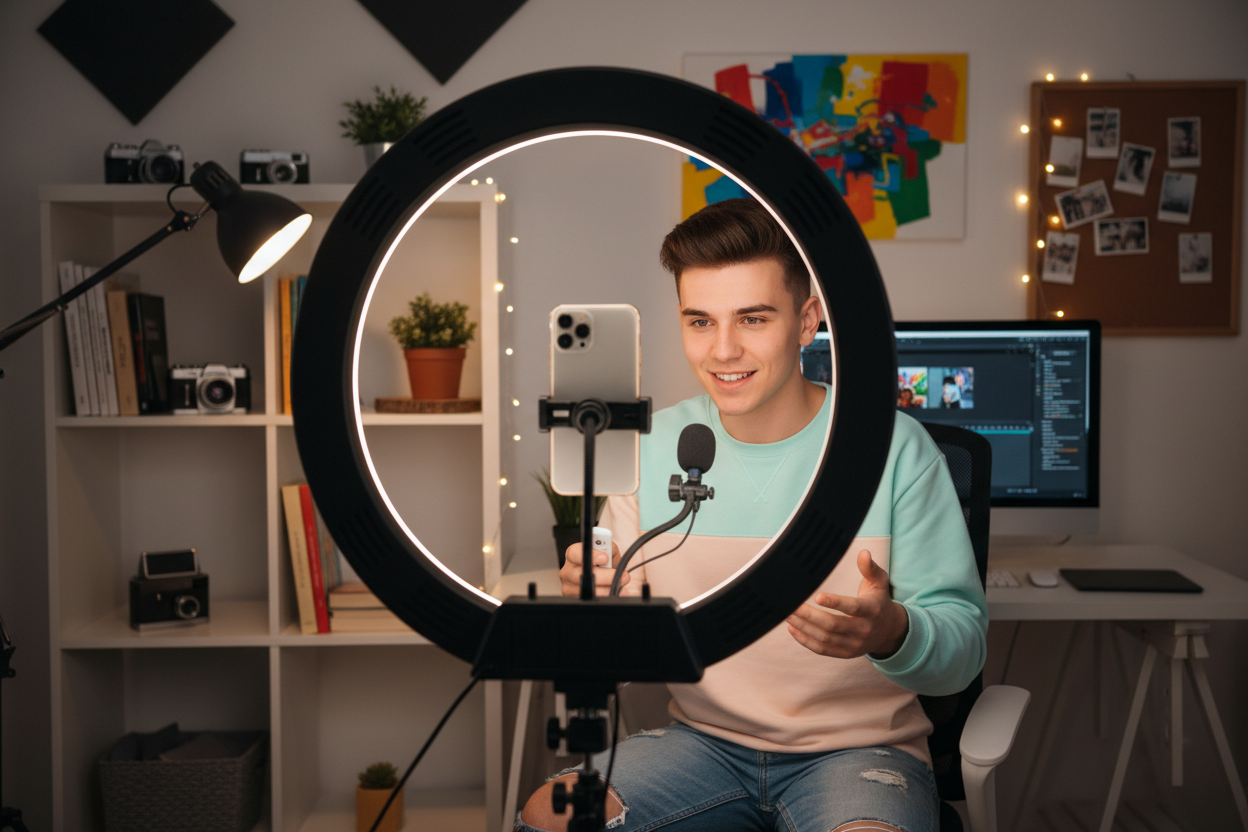 Content Creator beim Filmen mit Ringleuchte