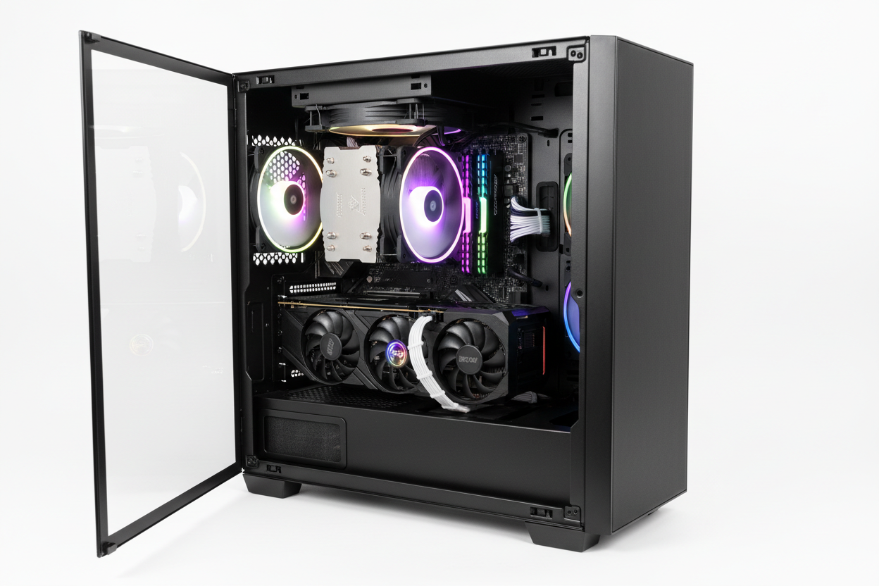 Gaming PC Innenansicht mit GPU RAM und Wasserkühlung