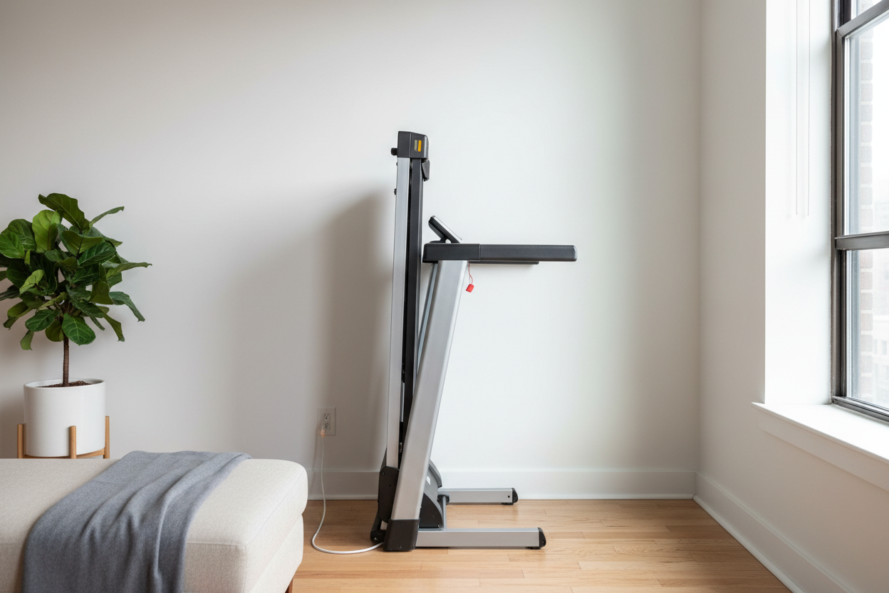 Laufband platzsparend gefaltet an der Wand