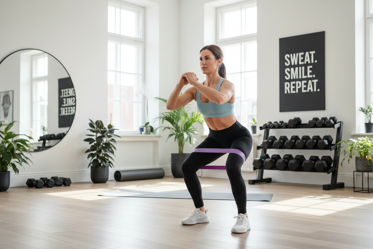Frau trainiert mit Widerstandsband Squats zuhause