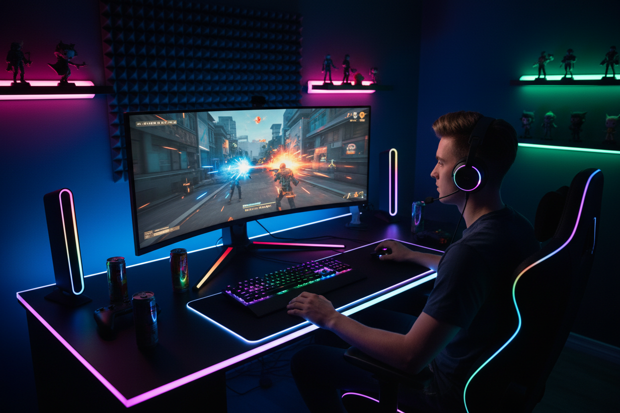 Gamer spielt FPS auf Curved Gaming Monitor im dunklen Setup