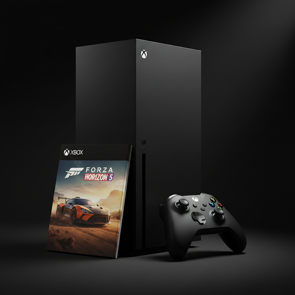 Xbox Series X Ultimate Bundle – Seitenansicht mit Controller und Forza Horizon 5
