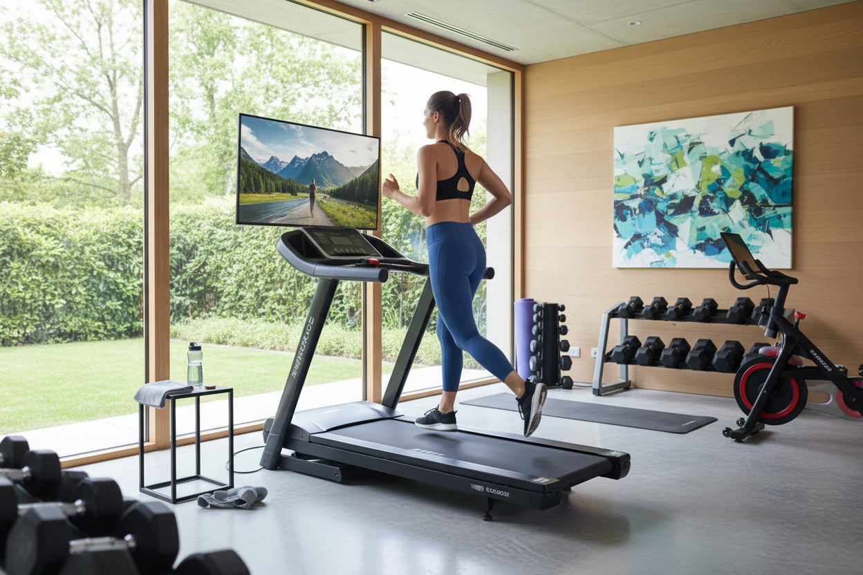 Frau läuft auf Laufband im Heimgym
