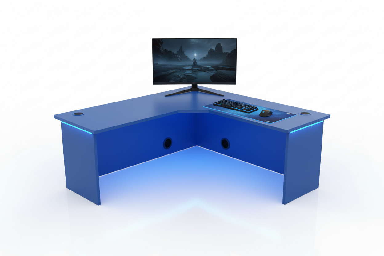 Gaming Tisch Blau mit LED Klein Eckig Frontansicht